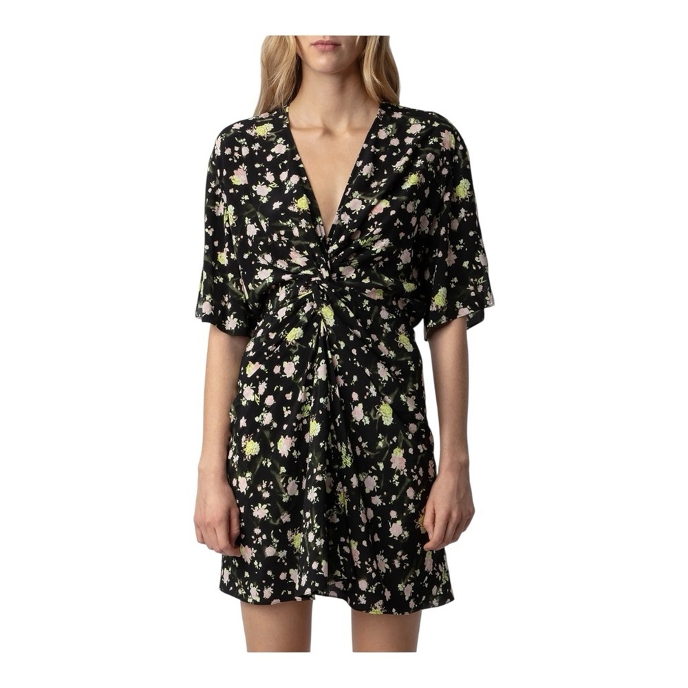 Zadig & Voltaire Rozom Soft Crinkle Roses Mini Dress NWT Sz S Twist Front Floral